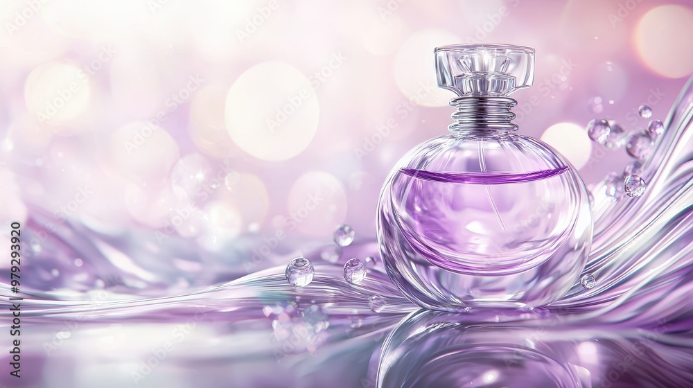 Elegant Perfume Bottle with Purple Liquid and Floating Bubbles. Perfume advertisement. Elegant Perfume Bottle with Purple Liquid and Floating Bubbles. Perfume advertisement.