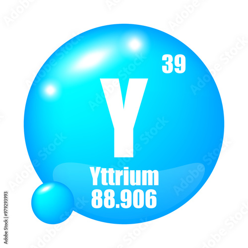 Yttrium icon. Y chemical element. Atomic number 39. Mass 88.906. Blue sphere image. Vector symbol.