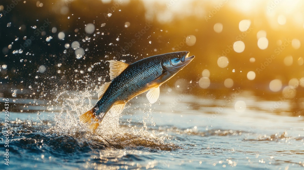 Fototapeta premium A close-up of a fish jumping out of the water, with its shiny scales glistening in the sunlight as it breaks the surface