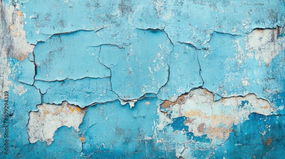Obraz premium An aged blue painting on a wall with visible cracks, peeling paint, and grunge textures, creating a vintage aesthetic.