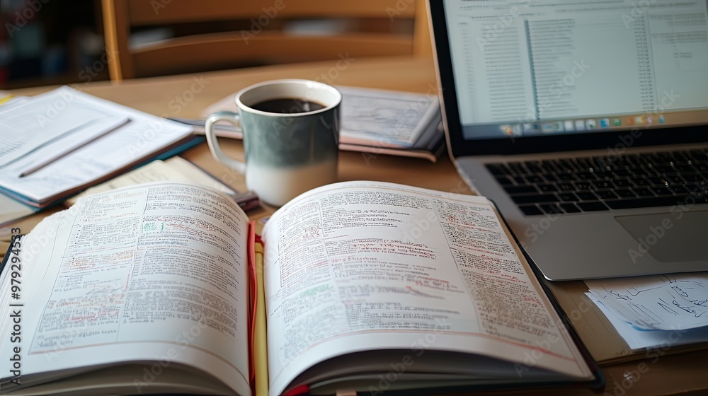 Obraz premium A study scene featuring an open book, laptop, coffee cup, and scattered notes, ideal for learning or research.