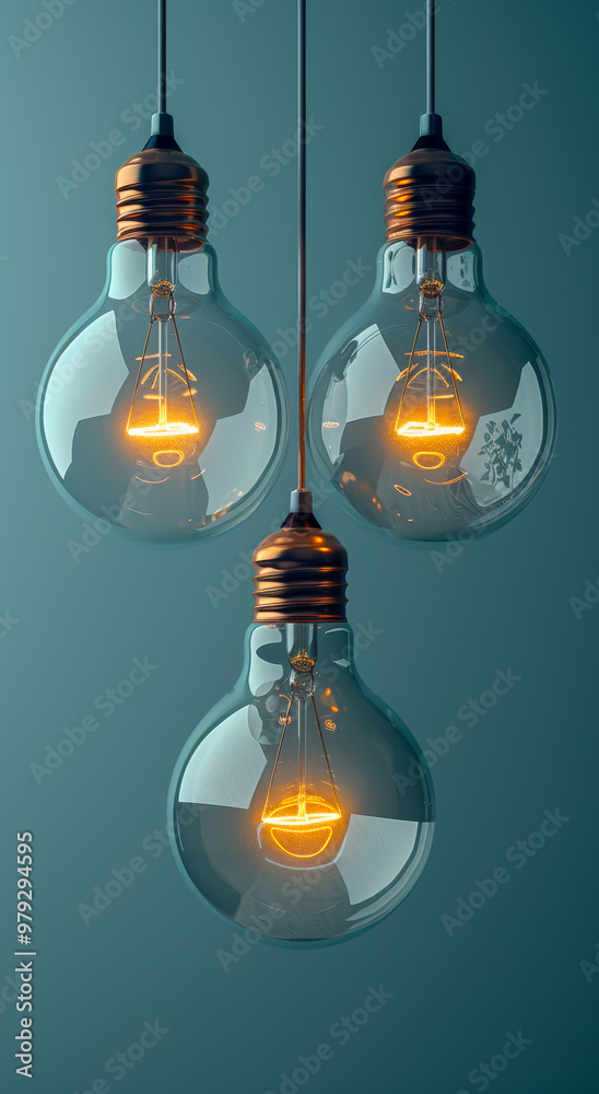 Three light bulbs hanging from a wire, each with a different color. The bulbs are lit up and the room is illuminated Three light bulbs hanging from a wire, each with a different color. The bulbs are lit up and the room is illuminated