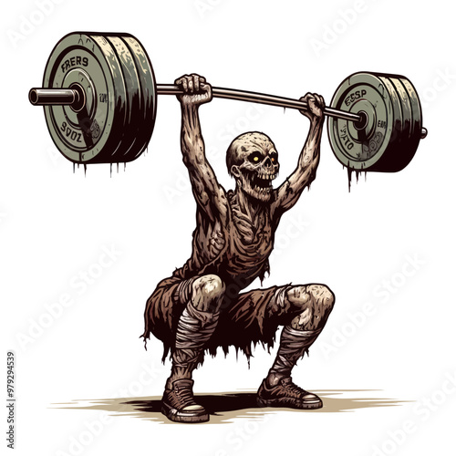 Detailed vector illustration of a skeleton performing a heavy barbell squat, merging fitness with a creepy aesthetic.