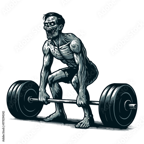 A muscular zombie deadlifting a heavy barbell in this detailed vector illustration, combining horror and fitness.