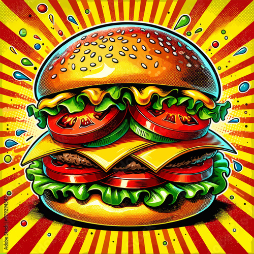 Vibrant vector illustration of a mouthwatering double cheeseburger with lettuce, tomato, and cheese in a dynamic pop art style.