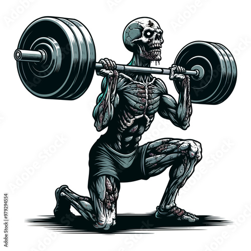 Detailed vector illustration of a muscular zombie performing a barbell lunge, combining fitness and horror themes.