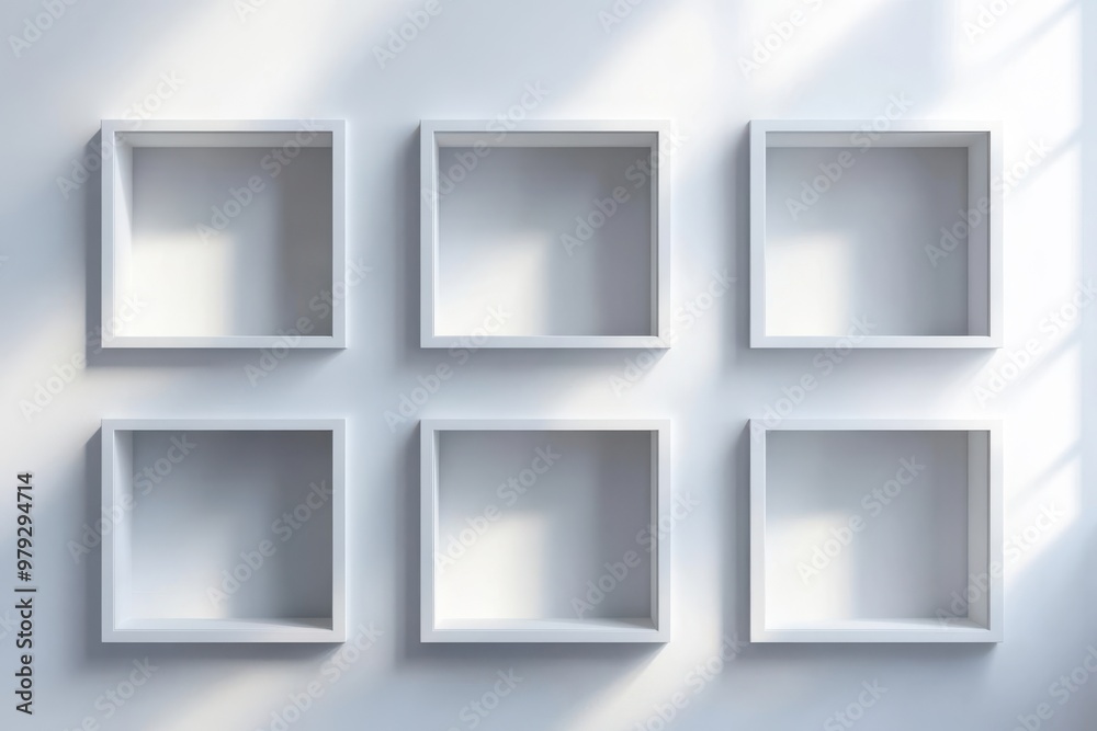 3d wall niches. Representation of empty shelving, exhibition spaces, or showcase models. Item display in a studio, gallery, retail, or showroom featuring realistic rectangular alcoves on a white wall 3d wall niches. Representation of empty shelving, exhibition spaces, or showcase models. Item display in a studio, gallery, retail, or showroom featuring realistic rectangular alcoves on a white wall