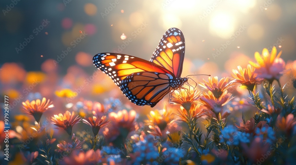 A vibrant butterfly perched on colorful flowers in soft sunlight. A vibrant butterfly perched on colorful flowers in soft sunlight.
