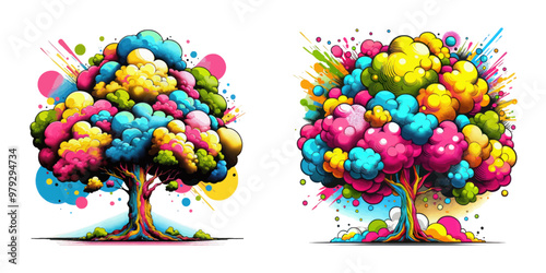 Vibrant vector illustration of two colorful abstract trees with cloud-like foliage, bursting with dynamic energy and playful splashes.