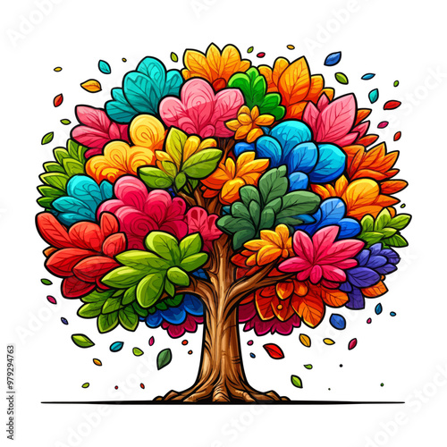 Whimsical vector illustration of a vibrant tree with multicolored leaves, bursting with energy and creativity.
