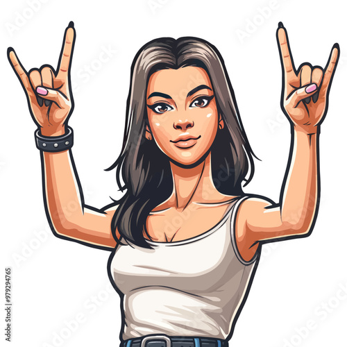 Vector illustration of a woman making the rock hand gesture, symbolizing energy, confidence, and a bold attitude.