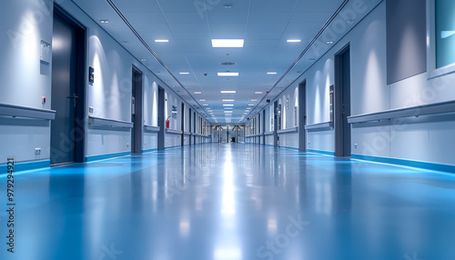 A long hallway with blue flooring and white walls. The hallway is empty and has no people in it