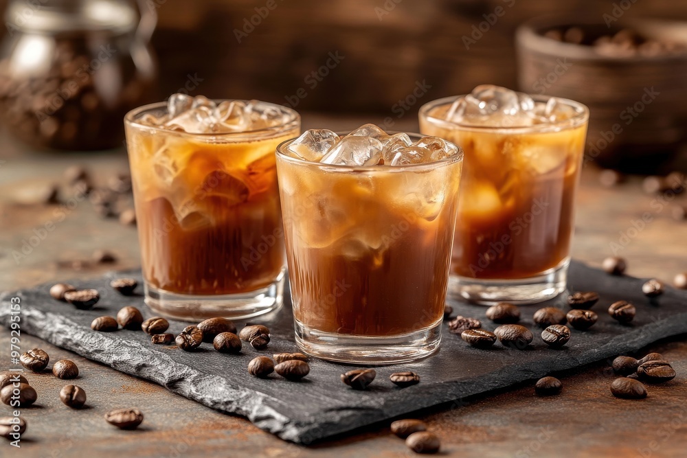 Iced coffee drinks displayed in clear glasses with coffee grounds set against a diverse backdrop Iced coffee drinks displayed in clear glasses with coffee grounds set against a diverse backdrop