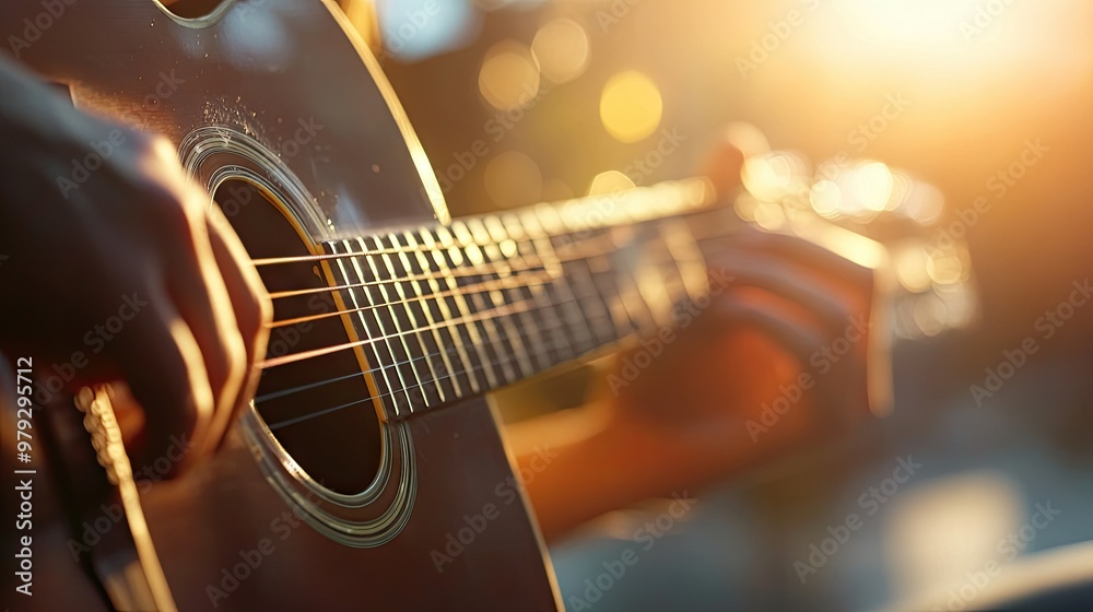A close-up of a musicians hands playing chords on the fretboard of an acoustic guitar, with soft focus on the background A close-up of a musicians hands playing chords on the fretboard of an acoustic guitar, with soft focus on the background