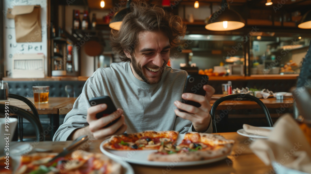 Smiling man eating pizza on a wooden table Smiling man eating pizza on a wooden table