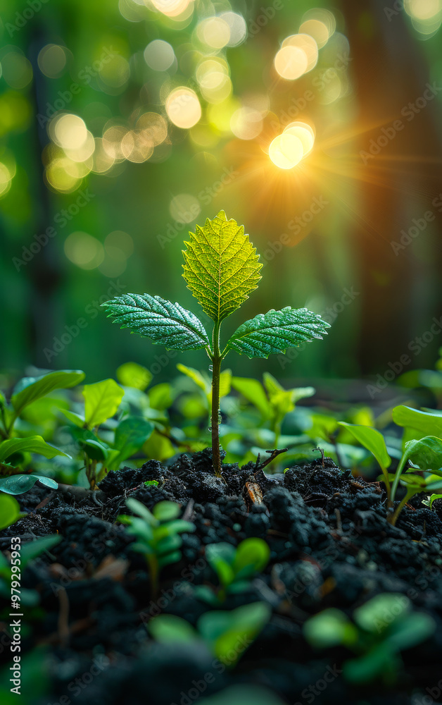 A small plant is growing in the dirt. The plant is surrounded by other plants and is in the shade A small plant is growing in the dirt. The plant is surrounded by other plants and is in the shade