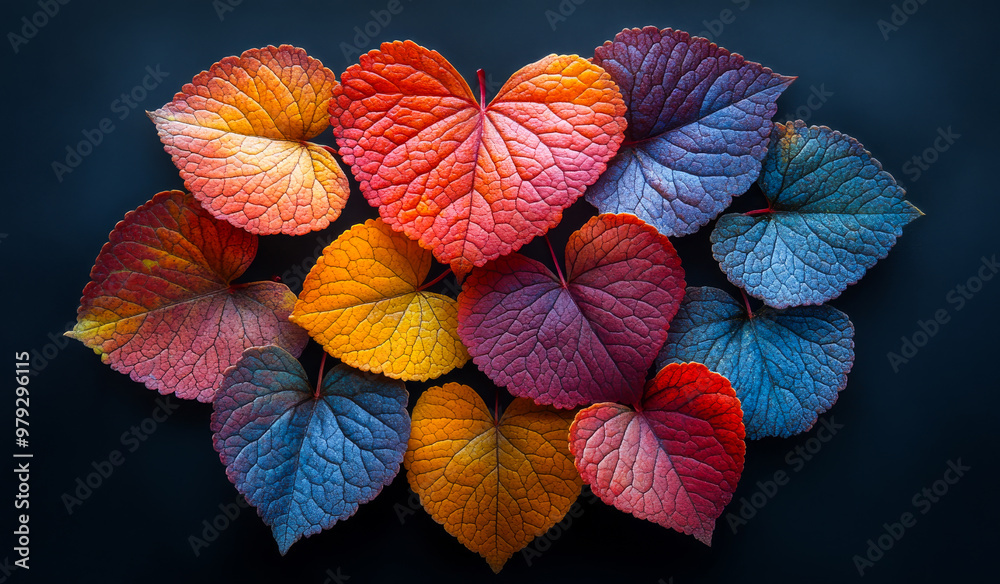 A collection of colorful leaves arranged in a heart shape. The leaves are of different colors and sizes, creating a vibrant and lively scene. The arrangement of the leaves suggests a sense of harmony A collection of colorful leaves arranged in a heart shape. The leaves are of different colors and sizes, creating a vibrant and lively scene. The arrangement of the leaves suggests a sense of harmony