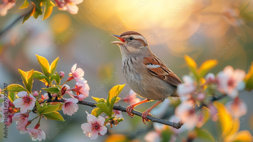 A small bird perched on a branch, singing with its beak wide open, A small bird perched on a branch, singing with its beak wide open,