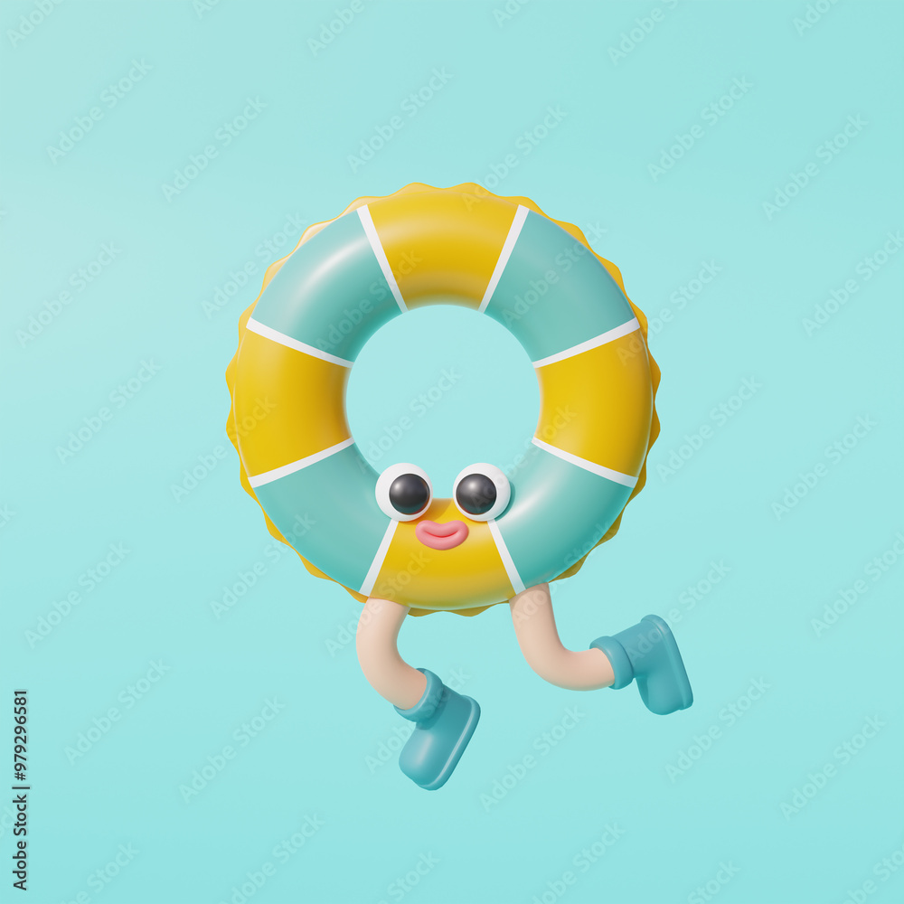 Fototapeta premium 3d Inflatable ring character isolated on blue blackground. Summer vacation. 3d rendering.