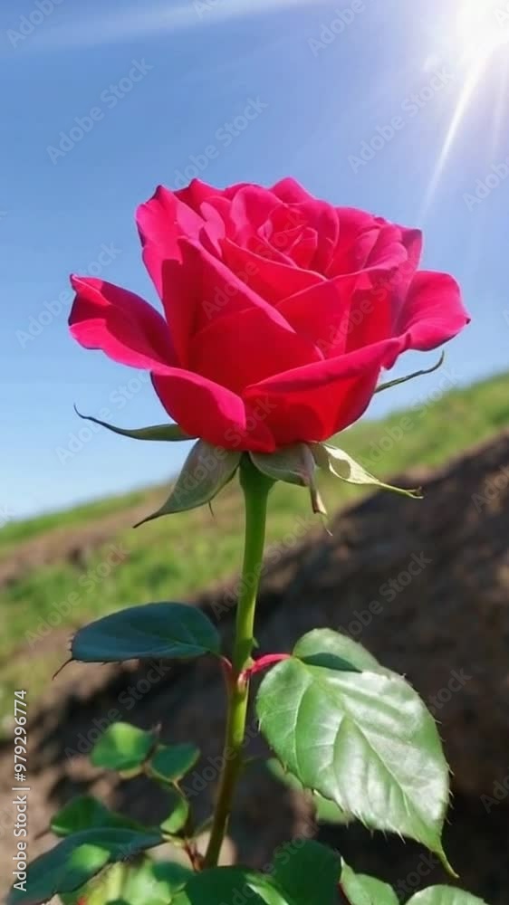 Single Red Rose Blooming in Sunshine: A solitary crimson rose, bathed in warm sunlight, stands tall against a backdrop of blue sky and green grass, symbolizing love, beauty, and the enduring power of Single Red Rose Blooming in Sunshine: A solitary crimson rose, bathed in warm sunlight, stands tall against a backdrop of blue sky and green grass, symbolizing love, beauty, and the enduring power of