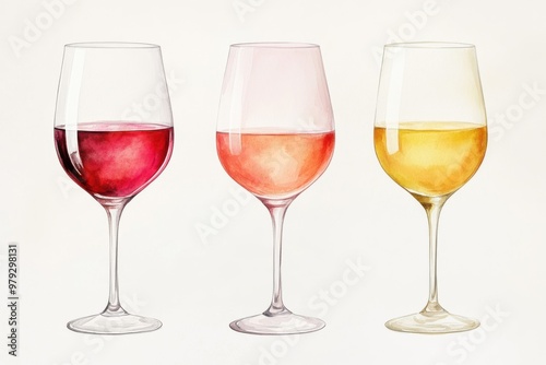 3 glasses of wine in red, pink, and yellow, watercolor illustration set on a light background in gentle pastel tones