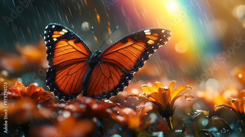 A vibrant butterfly rests on flowers amidst rain and a rainbow.