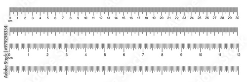 Measuring charts with 30 centimeters, 12 inches. Rulers Inch and metric rulers template.