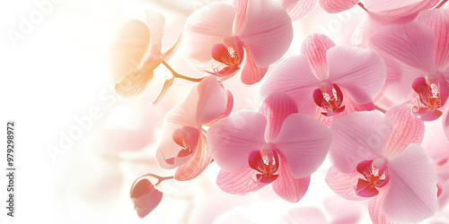 Soft pink orchid flowers in sunlight with white background
