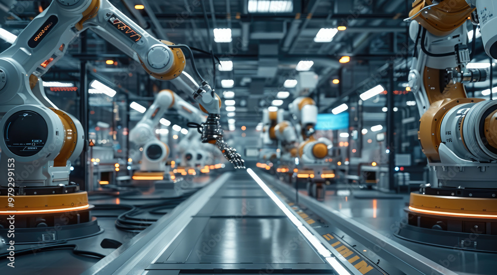 A modern factory hall with robotic arms and digital screens, displaying product data on holographic displays, surrounded by advanced machinery and computers in the background. industrial atmosphere. A modern factory hall with robotic arms and digital screens, displaying product data on holographic displays, surrounded by advanced machinery and computers in the background. industrial atmosphere.