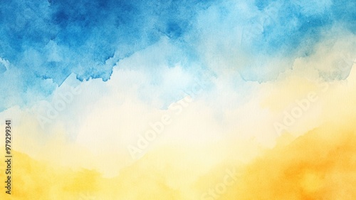 A painting of a blue sky with white clouds and yellow and blue brush strokes