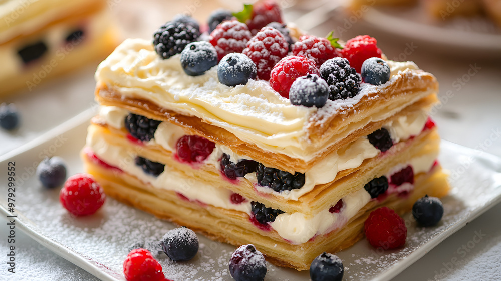 French Mille-Feuille with Cream and Fresh Berries Elegant French Mille-Feuille with Cream and Fresh Berries Elegant