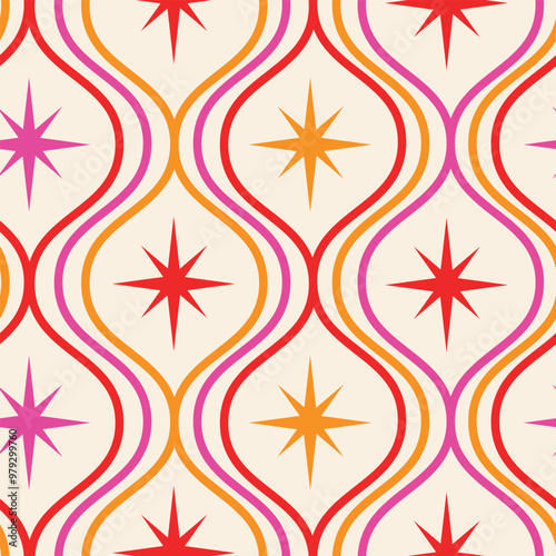 Mid century modern atomic starbursts on pink, orange and red ogee oval waves seamless pattern. For home décor, wallpaper and textile