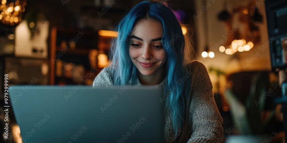 A young woman working on a laptop at night A young woman working on a laptop at night
