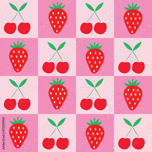 Checkered Cherries and strawberries on white and pink checkerboards seamless pattern. For wrapping paper, fabric and textile