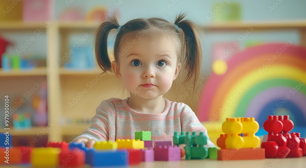 A young girl plays with colorful building blocks, showing a sense of wonder and exploration. A young girl plays with colorful building blocks, showing a sense of wonder and exploration.