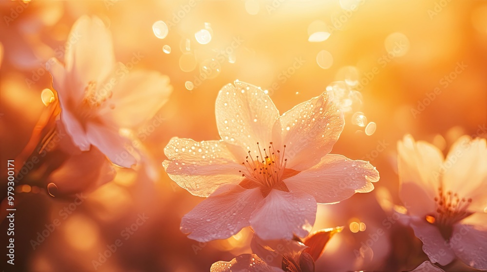 A close-up of sakura flowers drenched in golden sunset light, with the petals glowing softly in the warm hues. A close-up of sakura flowers drenched in golden sunset light, with the petals glowing softly in the warm hues.