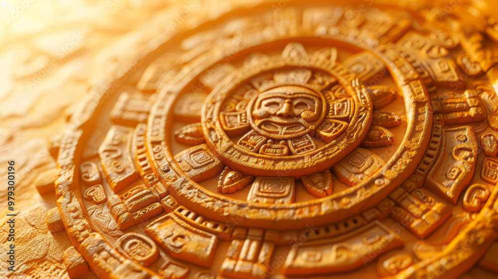 Obraz premium An intricately carved Aztec sunstone with symbols representing the Aztec calendar,