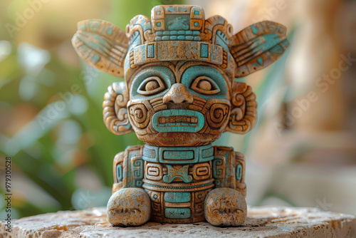 A small Aztec gold figurine representing a deity, intricately detailed with sacred symbols,