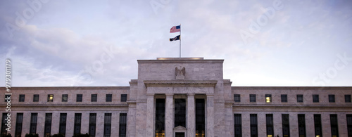 Building of FED Federal Reserve Bank in Washington. Concept of economy finance interest rate money business currency dollar financial wealth investment saving credit. Copy space for text.