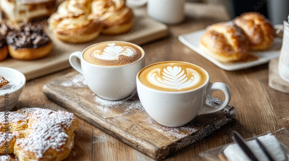 Fresh lattes and pastries are served on a rustic table at a chic coffee shop, setting the scene for a perfect weekend brunch. Fresh lattes and pastries are served on a rustic table at a chic coffee shop, setting the scene for a perfect weekend brunch.