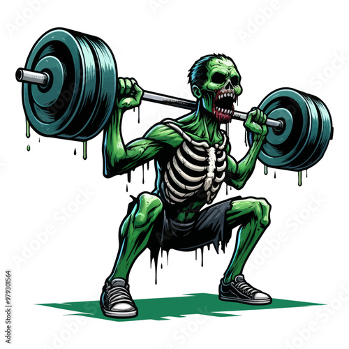 Dynamic vector illustration of a zombie squatting with a heavy barbell, combining fitness and horror themes.