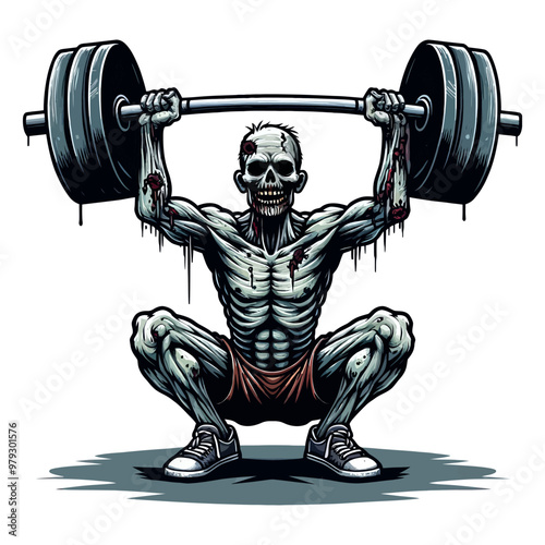 Detailed vector illustration of a zombie squatting with a barbell, combining strength training and horror elements.
