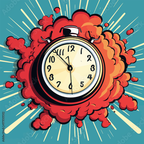 Vector illustration of an exploding alarm clock with heart shapes and radiating lines on a bright blue background, representing a fun and whimsical concept of time.