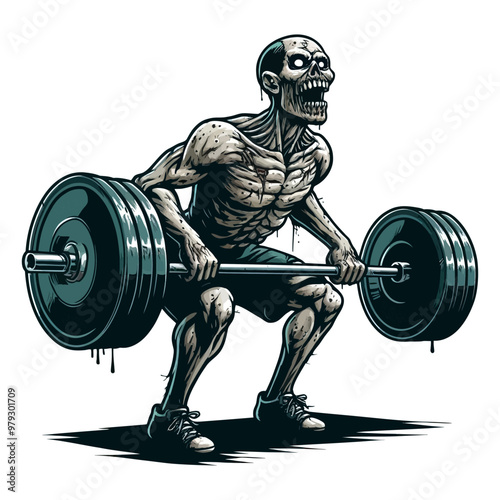 A vector illustration of a zombie performing a barbell squat, combining elements of fitness and horror.