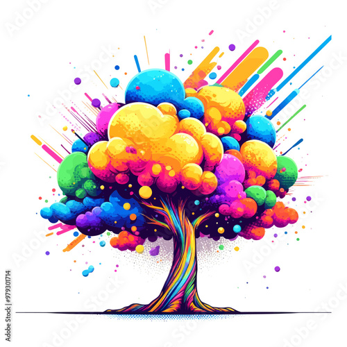 Abstract vector illustration of a tree with bright, rainbow-colored foliage, bursting with artistic and playful energy.