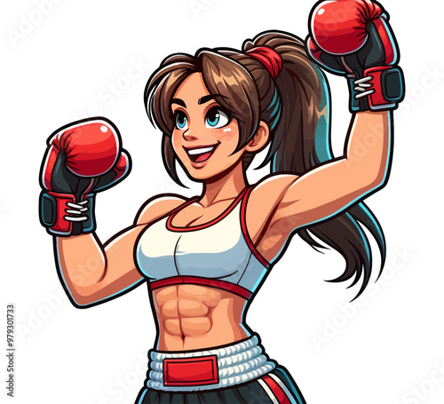 Vector illustration of a strong female boxer raising her fists in victory, symbolizing strength, fitness, and success.
