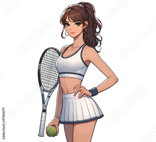 Vector illustration of a stylish woman holding a tennis racket, showcasing athleticism, fitness, and fashion in sports.