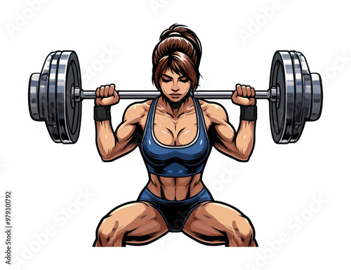 Vector illustration of a strong woman lifting a heavy barbell, symbolizing fitness, strength, and dedication to training.