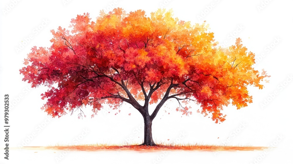 Fototapeta premium Vibrant autumn tree with colorful leaves against a white background.