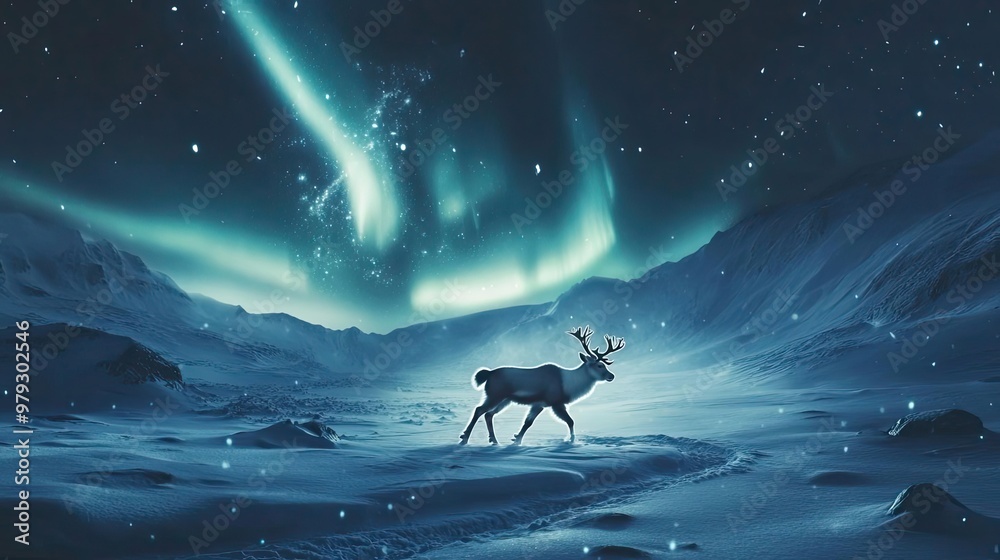 A serene winter landscape featuring a lone deer under the mesmerizing aurora borealis, creating a magical atmosphere. A serene winter landscape featuring a lone deer under the mesmerizing aurora borealis, creating a magical atmosphere.